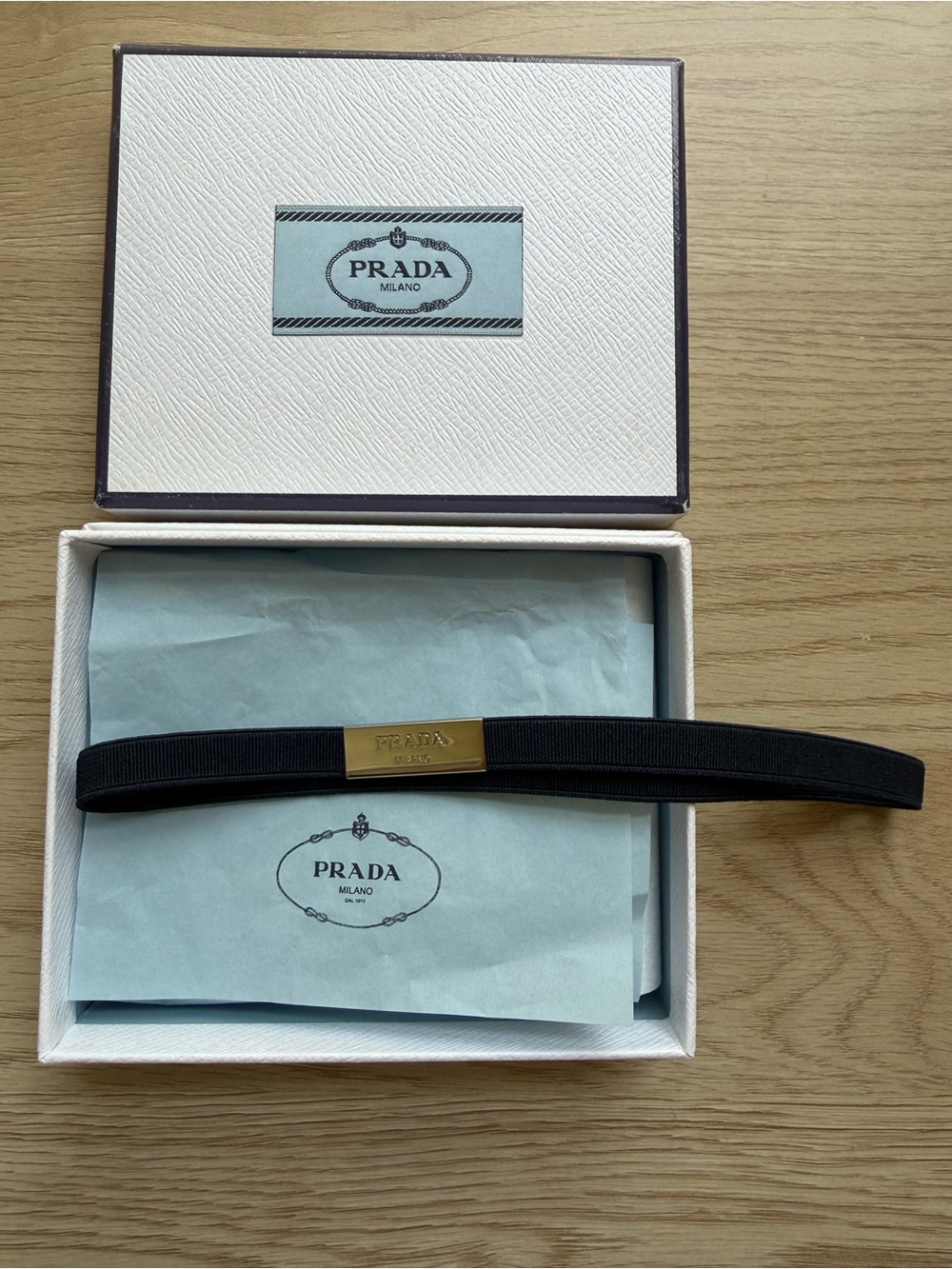 Prada Black Elastic Headband with Silver-Tone Plaque